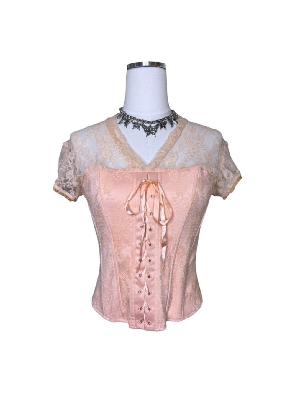 Y2K Cotton Express Pink Lace Corset Top with Ribbon Front Size Medium
